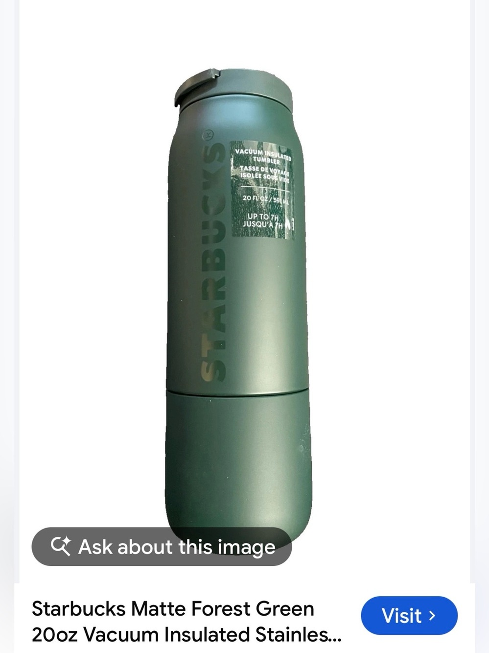 #3406**Starbucks Matte Green Travel Tumbler with Logo